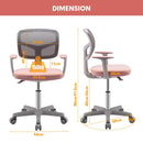 Kids study chair dimensions showing adjustable height features in pink, suitable for ages 3-10, with ergonomic design.