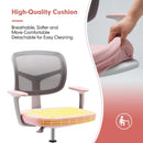 Kids study chair with pink high-density sponge cushion, breathable mesh backrest, and adjustable height for comfort.