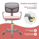 Kids study chair in pink with adjustable height, breathable mesh back, and auto-lock casters for safe use.