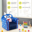 Kids upholstered armchair with cute cartoon pattern in navy, featuring a sturdy wooden structure for cozy sitting.