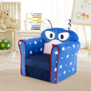 Kids upholstered armchair in navy with cute cartoon pattern, designed for comfort and support for ages 0-5 years.