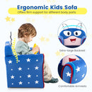 Ergonomic kids sofa in navy with cute cartoon pattern, featuring extra-large backrest and comfortable armrests for.