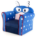 Kids upholstered armchair with a navy cartoon design, featuring a wide backrest and arm support for toddlers' comfort.