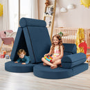 Modular 13-piece kids play couch set in blue, featuring various shapes for creative play in nursery or playroom.