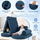 Modular kids play couch set in blue with removable covers, featuring various shapes for creative play and easy cleaning.
