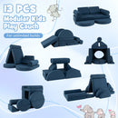 Modular kids play couch set in blue, featuring 13 soft pieces for creative play in nurseries or playrooms.