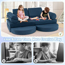 Modular kids play couch set in blue, featuring various shapes for creative play and easy-to-clean, child-safe materials.