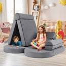Modular kids play couch set in grey, featuring various shapes for imaginative play and easy-to-clean, child-safe.