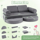 Modular 13-piece kids play couch set in grey, featuring various shapes for creative play and easy-to-clean covers.