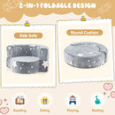 Convertible kids sofa chair in grey with star patterns, transforms into a round cushion for comfortable play and rest.