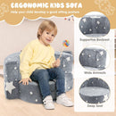 Convertible kids sofa chair in grey with star patterns, featuring supportive backrest and wide armrests for comfortable.