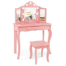 Kids vanity table set in pink with tri-folding mirror and LED lights, perfect for dressing and studying.
