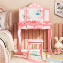 Pink kids vanity table set with tri-folding mirror and LED lights, perfect for dressing and studying in a child's room.