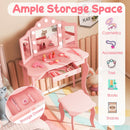 Kids vanity table set in pink with tri-folding mirror, LED lights, and storage drawer for cosmetics and accessories.