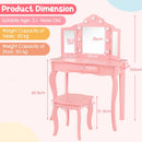 Dimensions of the pink kids vanity table set with tri-folding mirror and stool, perfect for a princess's room.