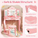 Kids vanity table set in pink with tri-folding mirror, 3-color LED lights, and storage drawer for a princess's room.