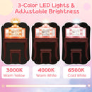 Kids vanity table set in pink with tri-folding mirror and 3-color LED lights for a delightful makeup experience.
