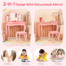 Kids vanity table set in pink with tri-folding mirror and LED lights, perfect for dressing, reading, and drawing.