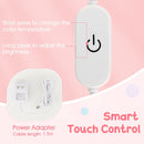 Smart touch control for 3-color LED lights on the pink kids vanity table with tri-folding mirror and storage drawer.