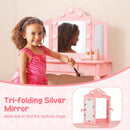 Tri-folding silver mirror on the pink kids vanity table, featuring 3-color LED lights for an enchanting makeup.
