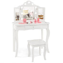 Kids vanity table set with tri-folding mirror and LED lights in white, perfect for dressing and studying.