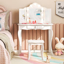 Kids vanity table set in white with tri-folding mirror and LED lights, perfect for dressing and studying in a.