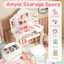 Kids vanity table set with tri-folding mirror, LED lights, and storage drawer for cosmetics and accessories.