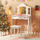 Kids vanity table set with tri-folding mirror and LED lights, perfect for dressing and studying in white finish.