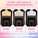 Kids vanity table set with tri-folding mirror and 3-color LED lights for a fun and safe dressing experience.