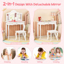 Kids vanity table set with tri-folding mirror and stool, featuring 3-color LED lights for dressing and studying.