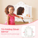 Kids vanity table set with tri-folding silver mirror and LED lights, perfect for dressing and creative activities.