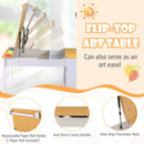 Children's art activity table with liftable tabletop, 6 fabric bins, and safety features for creative play and storage.