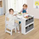 Kids art table and 2 chairs set in white with storage baskets, perfect for creative play in daycare or playroom.