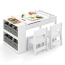 Kids art table with 2 chairs, 6 storage baskets, and paper roll, perfect for creative play in daycare or playroom.