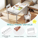 Kids art table and 2 chairs set in white, featuring waterproof tabletop and ergonomic design for creative playtime.