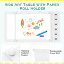 Kids art table with paper roll holder, featuring a white design, two chairs, and storage for creative supplies.