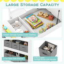 Kids art table set featuring a white desk, 2 chairs, 6 storage baskets, and hidden storage for creative supplies.
