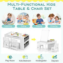 Kids art table and 2 chairs set in white with storage baskets, ideal for drawing, playing, and learning in playrooms.