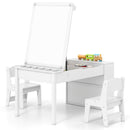 Kids art table set with 2 chairs, paper roll, and storage baskets, perfect for daycare or playroom creativity.