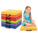 Colorful 6-piece square floor cushions with carrying handles, ideal for kids' playrooms and classrooms, featuring.