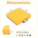 Square yellow floor cushion with carrying handle, part of a 6 PCS set, made from waterproof PU for easy cleaning.