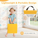 Bright yellow square floor cushion with carrying handle, lightweight design, ideal for kids' playrooms or classrooms.