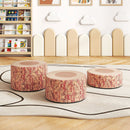Three stackable kids floor cushions with wood grain design, ideal for flexible seating or low tables in play areas.