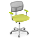 Children's green study chair with adjustable height, lumbar support, and 360-degree swivel for comfort and mobility.