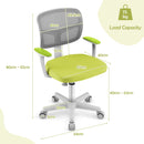 Children's study chair in green with adjustable height, lumbar support, and 360-degree swivel for comfort and fun.