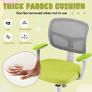 Children's study computer chair in green with thick padded cushion, adjustable height, and ergonomic lumbar support for comfort.