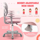 Height-adjustable pink children's desk chair with lumbar support, 360-degree swivel, perfect for home or school use.
