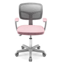 Front view of a pink children's study chair with adjustable height, ergonomic design, and padded seat for comfort.