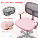 Children's study chair in pink with breathable mesh, adjustable height, and lumbar support for ergonomic comfort.