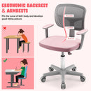 Children's study chair in pink with ergonomic backrest and adjustable height, designed for comfort and proper posture.
